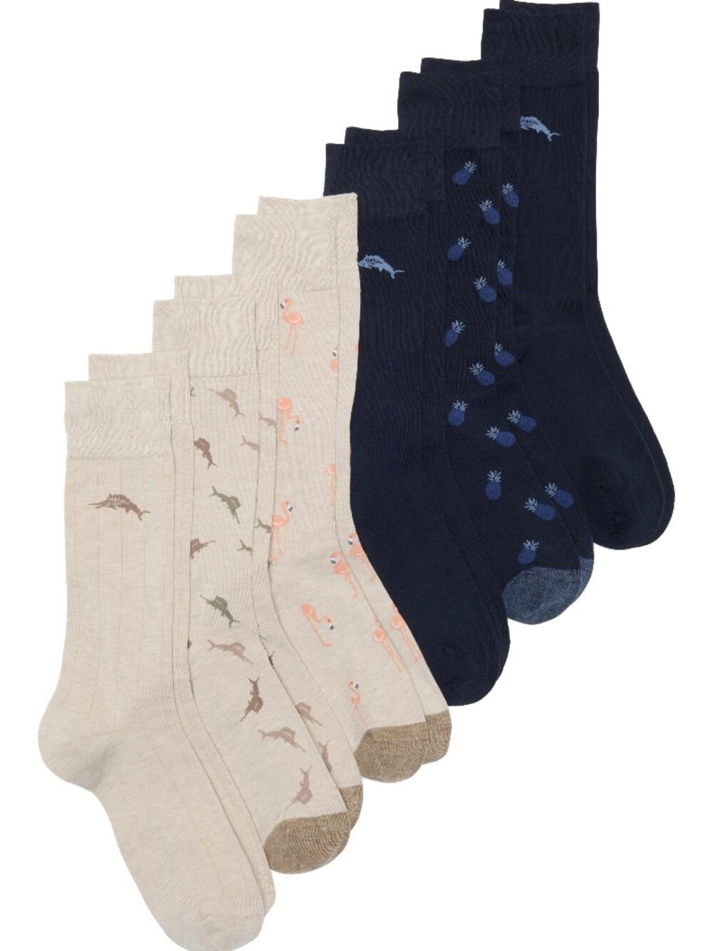 Tommy Bahama 6 Pack Crew Socks Pineapples Flamingos Marlin Navy Khaki $82.50